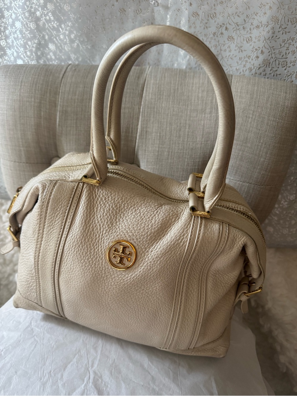 Tory Burch Ivory Pebbled Leather Satchel with Gold Logo